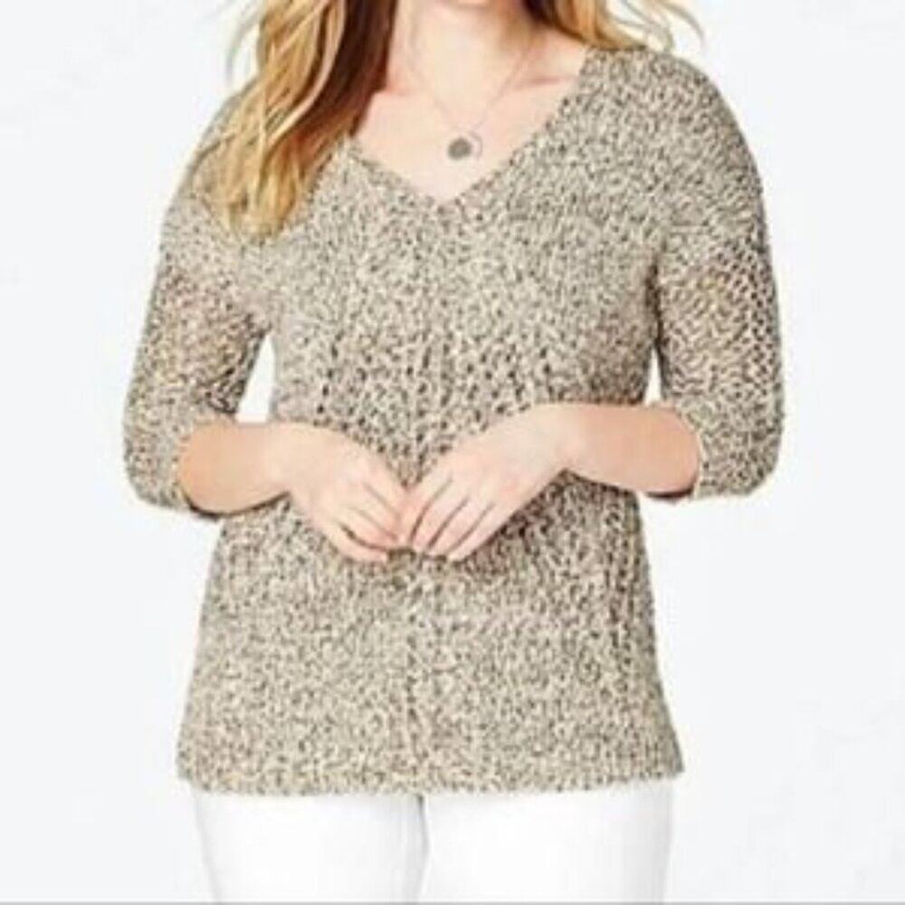 J. Jill Open-Knit V-Neck Sweater Tunic in Neutral Taupe Petite Size XSP